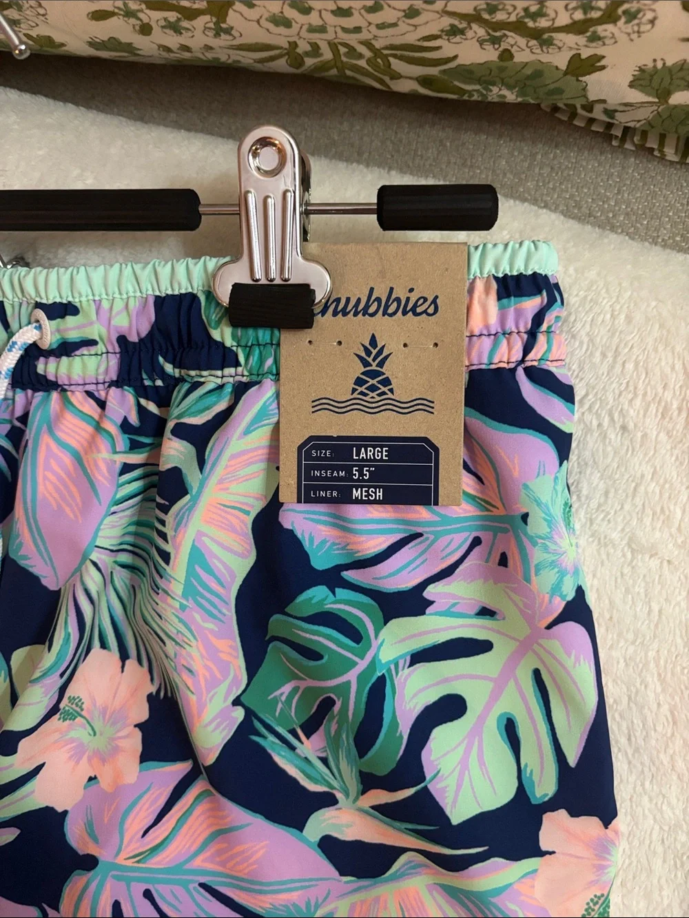 chubbies Navy Tropical Leaf Print Swim Trunks with Pastel Accents